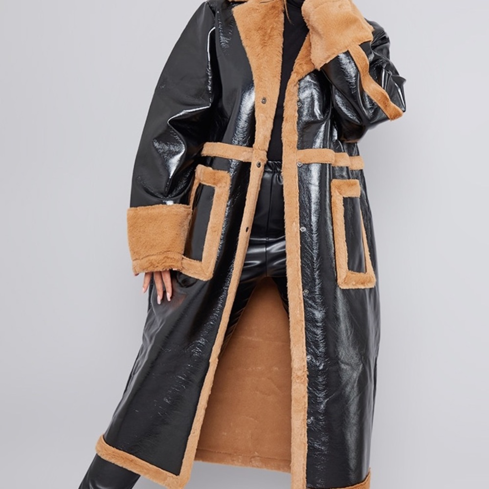 Black vinyl maxi faux fur coat